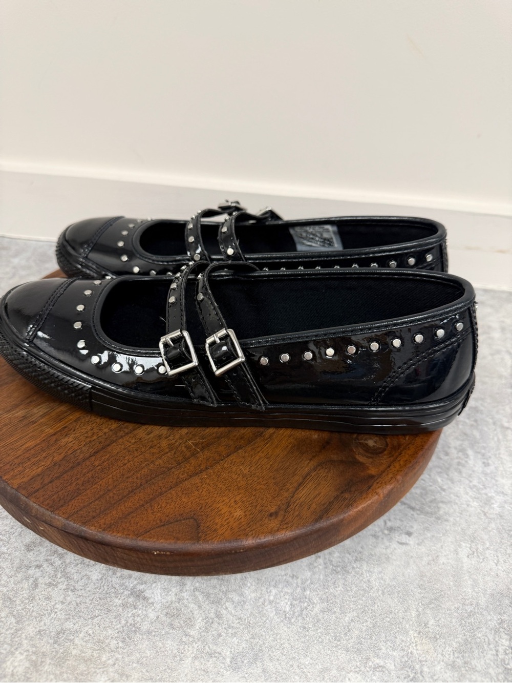 Converse Black Patent Mary Jane Shoes with Silver Studs
